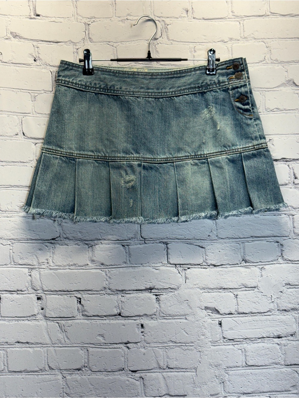 Y2K American Eagle Micro Denim Skirt Sz 8 33” Blue Pleated Mini